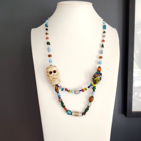 Unique carved stone face statement glass beaded necklace - Picture 2 of 15